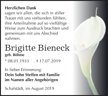 Traueranzeige von Brigitte Bieneck von Mitteldeutsche Zeitung Merseburg/Querfurt