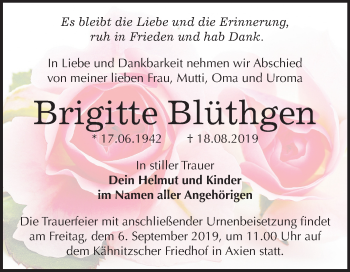 Traueranzeige von Brigitte Blüthgen von Mitteldeutsche Zeitung Wittenberg