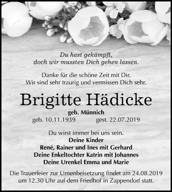 Traueranzeige von Brigitte Hädicke von Mitteldeutsche Zeitung Halle/Saalkreis