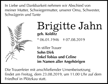 Traueranzeige von Brigitte Jahn von Super Sonntag Bernburg