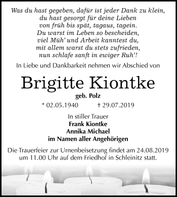 Traueranzeige von Brigitte Kiontke von Super Sonntag Zeitz