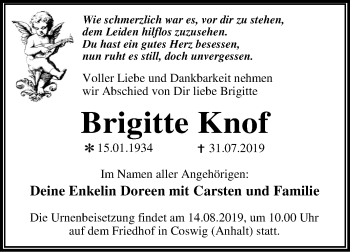 Traueranzeige von Brigitte Knof von Super Sonntag Wittenberg