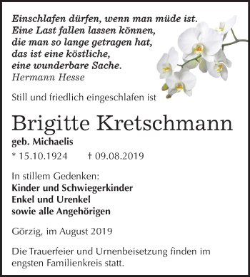 Traueranzeige von Brigitte Kretschmann von Mitteldeutsche Zeitung Köthen