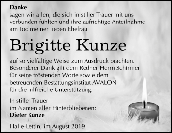 Traueranzeige von Brigitte Kunze von Mitteldeutsche Zeitung Halle/Saalkreis