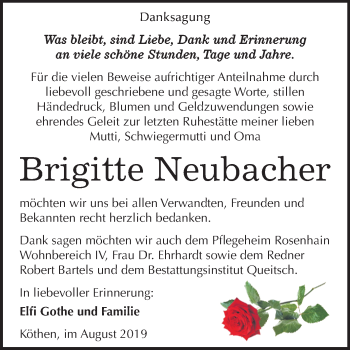 Traueranzeige von Brigitte Neubacher von Super Sonntag Köthen
