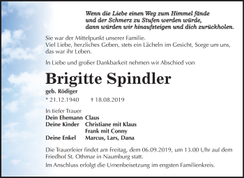 Traueranzeige von Brigitte Spindler von Mitteldeutsche Zeitung Naumburg/Nebra