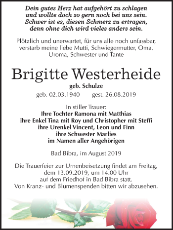 Traueranzeige von Brigitte Westerheide von Mitteldeutsche Zeitung Naumburg/Nebra