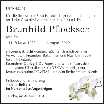 Traueranzeige von Brunhild Pflocksch von Mitteldeutsche Zeitung Weißenfels