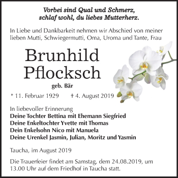 Traueranzeige von Brunhild Pflocksch von Mitteldeutsche Zeitung Weißenfels