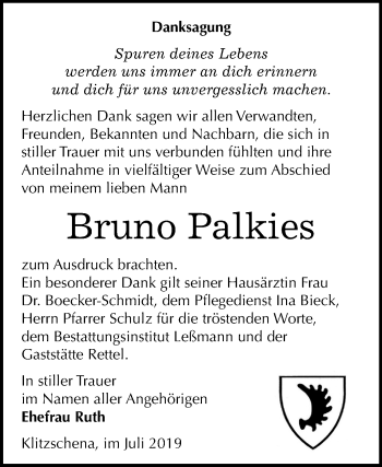 Traueranzeige von Bruno Palkies von Mitteldeutsche Zeitung Wittenberg