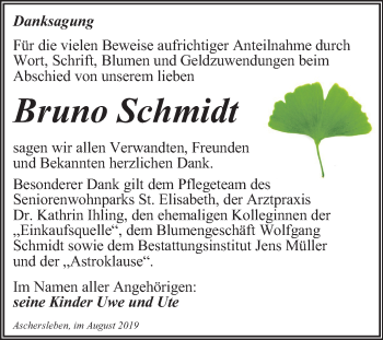 Traueranzeige von Bruno Schmidt von Mitteldeutsche Zeitung Aschersleben