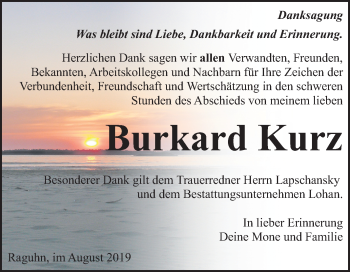 Traueranzeige von Burkard Kurz von Mitteldeutsche Zeitung Bitterfeld