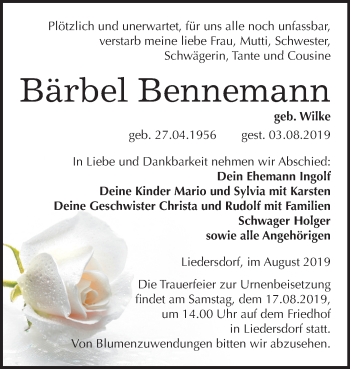 Traueranzeige von Bärbel Bennemann von Mitteldeutsche Zeitung Sangerhausen
