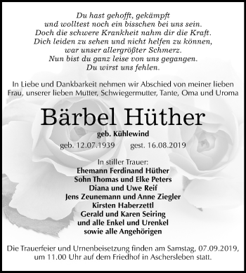 Traueranzeige von Bärbel Hüther von Mitteldeutsche Zeitung Aschersleben