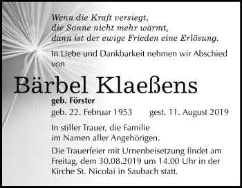 Traueranzeige von Bärbel Klaeßens von Wochenspiegel Naumburg/Nebra