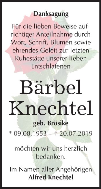 Traueranzeige von Bärbel Knechtel von Super Sonntag Köthen