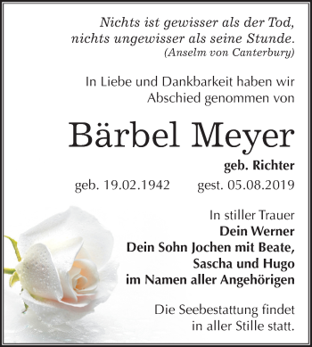 Traueranzeige von Bärbel Meyer von Mitteldeutsche Zeitung Wittenberg