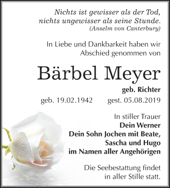 Traueranzeige von Bärbel Meyer von Super Sonntag Wittenberg
