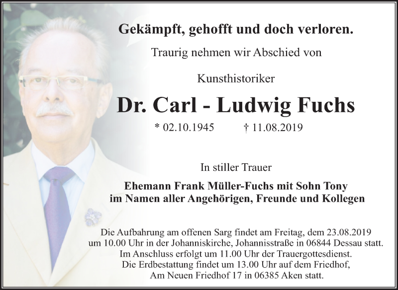  Traueranzeige für Carl-Ludwig  Fuchs vom 17.08.2019 aus Super Sonntag Dessau-Roßlau