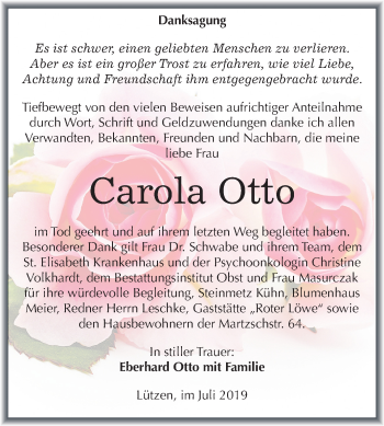 Traueranzeige von Carola Otto von Wochenspiegel Weißenfels