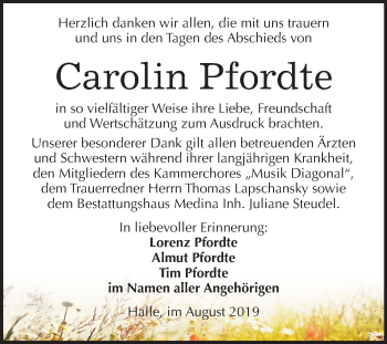 Traueranzeige von Carolin Pfordte von Mitteldeutsche Zeitung Halle/Saalkreis