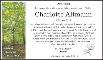 Traueranzeige von Charlotte Altmann von Mitteldeutsche Zeitung Halle/Saalkreis