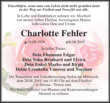 Traueranzeige von Charlotte Fehler von Super Sonntag Dessau-Roßlau