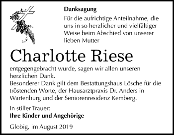 Traueranzeige von Charlotte Riese von Super Sonntag Wittenberg