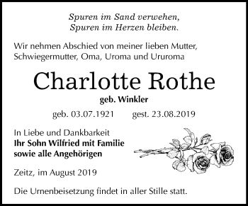 Traueranzeige von Charlotte Rothe von Super Sonntag Zeitz