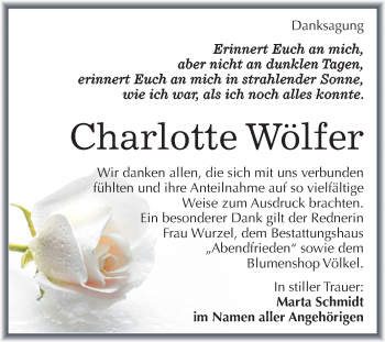 Traueranzeige von Charlotte Wölfer von Super Sonntag Merseburg/Querfurt