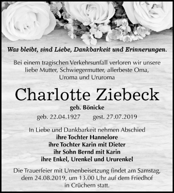 Traueranzeige von Charlotte Ziebeck von Mitteldeutsche Zeitung Bernburg