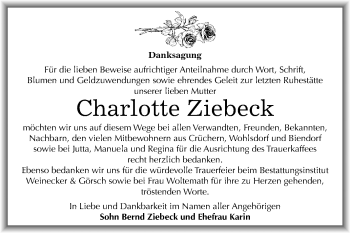 Traueranzeige von Charlotte Ziebeck von Super Sonntag Bernburg