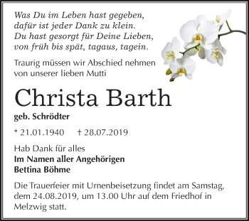 Traueranzeige von Christa Barth von Mitteldeutsche Zeitung Wittenberg