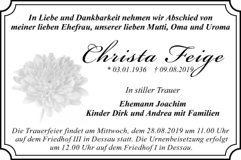 Traueranzeige von Christa Feige von Mitteldeutsche Zeitung Dessau-Roßlau