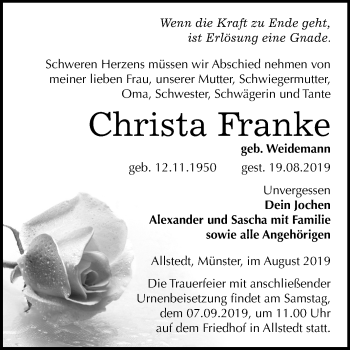 Traueranzeige von Christa Franke von Super Sonntag Sangerhausen