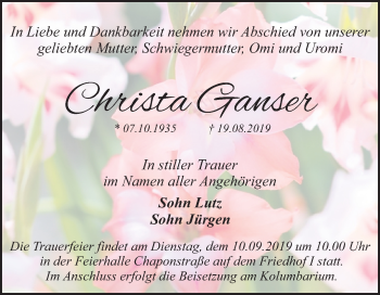 Traueranzeige von Christa Ganser von Super Sonntag Dessau-Roßlau