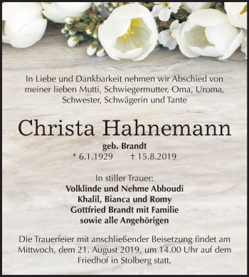Traueranzeige von Christa Hahnemann von Wochenspiegel Sangerhausen