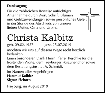 Traueranzeige von Christa Kalbitz von Mitteldeutsche Zeitung Naumburg/Nebra