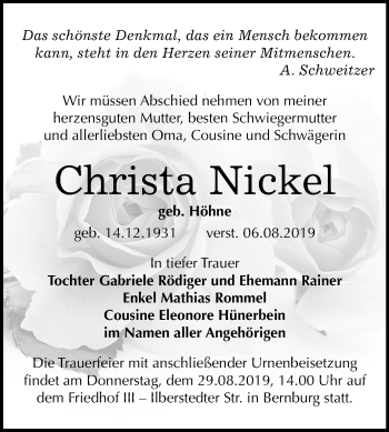 Traueranzeige von Christa Nickel von Mitteldeutsche Zeitung Bernburg