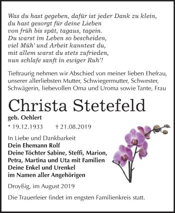 Traueranzeige von Christa Stetefeld von Mitteldeutsche Zeitung Zeitz