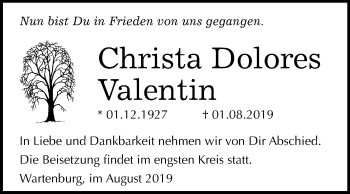 Traueranzeige von Christa Dolores Valentin von Super Sonntag Wittenberg