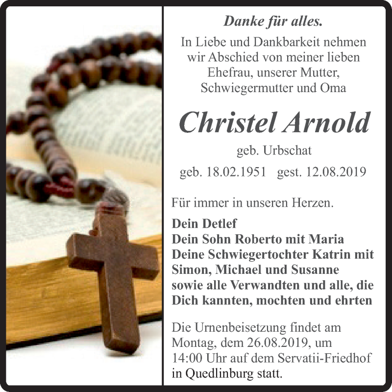  Traueranzeige für Christel Arnold vom 24.08.2019 aus Mitteldeutsche Zeitung Quedlinburg