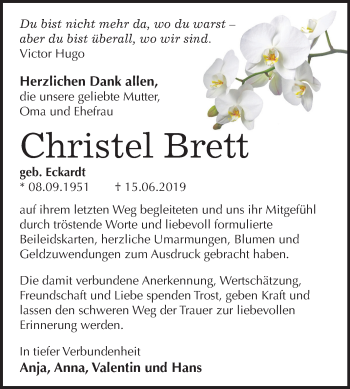 Traueranzeige von Christel Brett von Super Sonntag Wittenberg