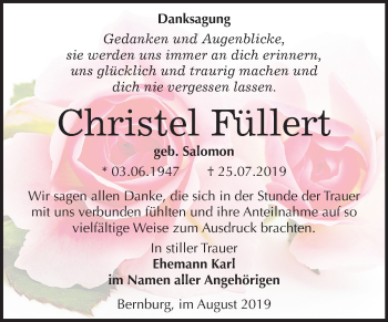 Traueranzeige von Christel Füllert von Super Sonntag Bernburg