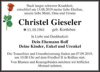 Traueranzeige von Christel Gieseler von Super Sonntag Dessau-Roßlau