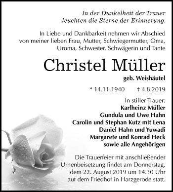 Traueranzeige von Christel Müller von Super Sonntag Quedlinburg