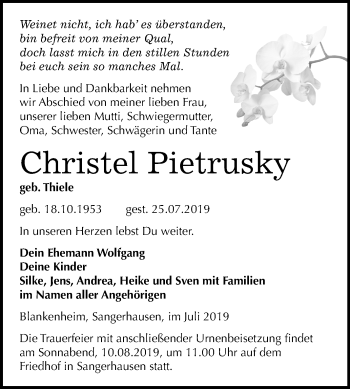 Traueranzeige von Christel Pietrusky von Mitteldeutsche Zeitung Sangerhausen