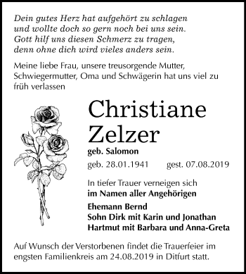 Traueranzeige von Christiane Zelzer von Super Sonntag Quedlinburg
