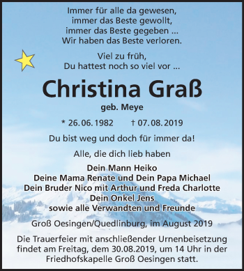Traueranzeige von Christina Graß von Mitteldeutsche Zeitung Quedlinburg