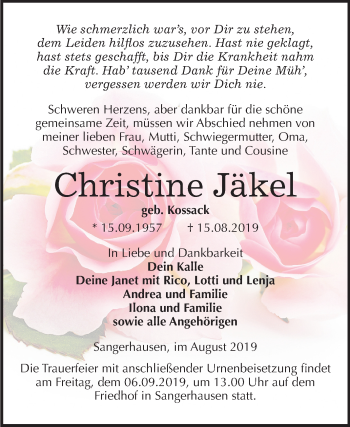 Traueranzeige von Christine Jäkel von Super Sonntag Sangerhausen